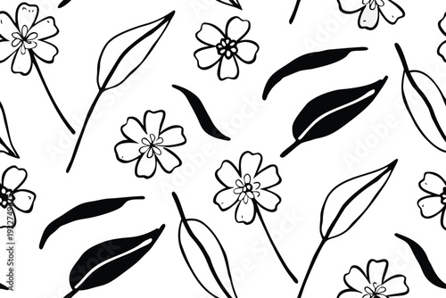 Charming black and white pattern of hand-drawn wildflowers and scattered leaves, creating a light and airy floral motif for various designs.