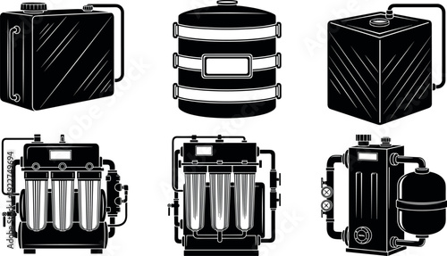 Industrial filtration equipment silhouettes set featuring tanks, filters, pumps and containers, technical machinery icons for water and oil treatment isolated on white background