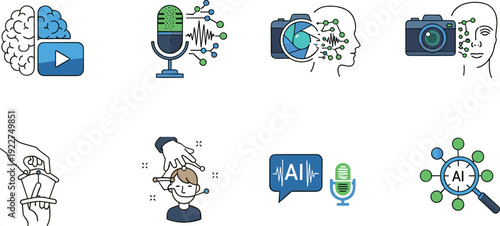 Artificial Intelligence And Machine Learning Icon Set, AI Technology Cartoon Vector Collection With Brain, Microphone, Camera Vision, Neural Network And Automation Symbols