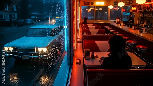 Woman sitting alone in neon lit vintage diner at night