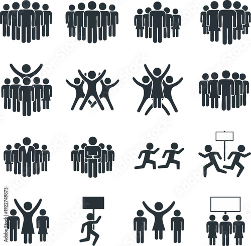 Collection of diverse human figure icons depicting groups, movement, and protest