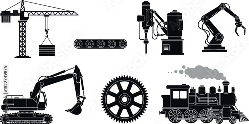 Industrial machinery silhouette icon set featuring construction crane, robotic arms, excavator, gear wheel, conveyor belt and steam locomotive, mechanical engineering symbols isolated on white