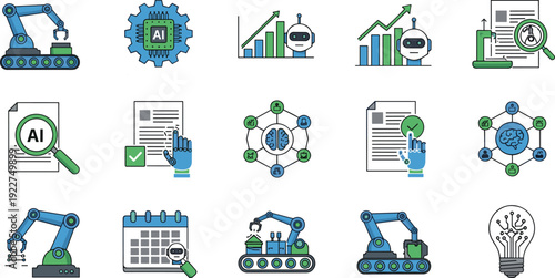 Artificial Intelligence Workflow And Automation Icon Set, Machine Learning Process, Robotics, Data Analysis, Neural Network, AI Integration Vector Illustration Collection