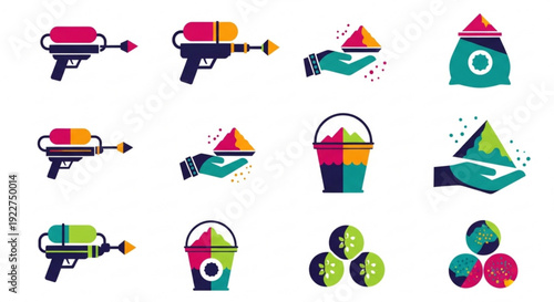Colorful holi festival icons with water guns buckets and powder celebrating joy and playfulness