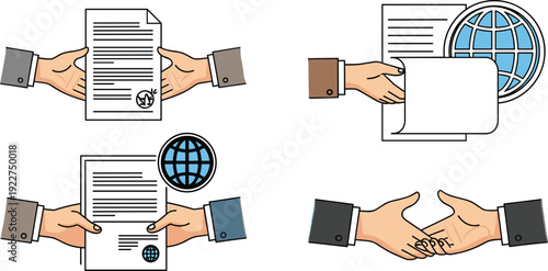 Business Partnership and International Contract Agreement Illustration with Document Exchange, Global Trade and Handshake Deal Vector