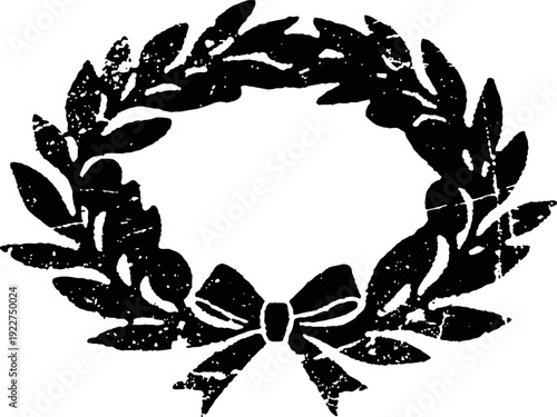 Vintage laurel wreath with bow, black grunge textured decorative frame design element