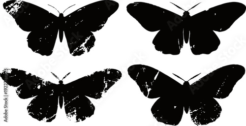 Black butterfly silhouettes with worn texture isolated on white background vintage insect set, nature collection