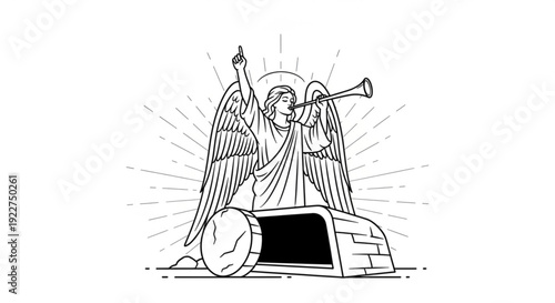 Angel standing on empty tomb with trumpet and raised hand in black and white line art illustration