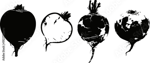silhouettes of various turnips in different shapes and sizes isolated on white background