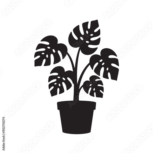 Potted Monstera Deliciosa Silhouette Vector - Tropical Swiss Cheese Plant Houseplant Graphic