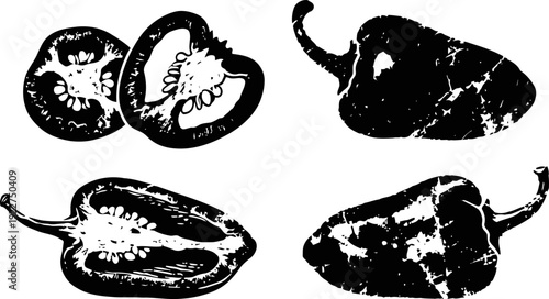 Black and white chili peppers illustration spicy vegetables with seeds and stem hand drawn pepper sketch collection