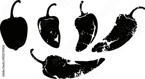 five distressed chili pepper silhouettes spicy vegetable shapes with vintage grunge texture