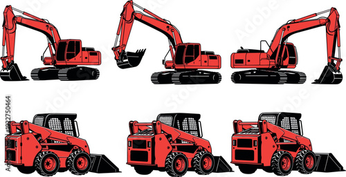 Red construction machinery set featuring excavators and skid steer loaders in multiple views, heavy equipment illustrations for building, industrial and engineering projects isolated on white 