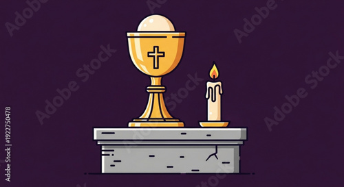 Golden chalice with cross and host on altar with lit candle christian worship symbol