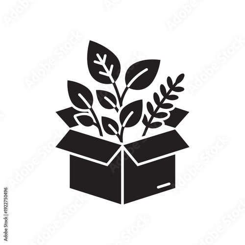 Plants in Shipping Box Silhouette Vector - Botanical Delivery, E-commerce Nursery, and Subscription Box Graphic