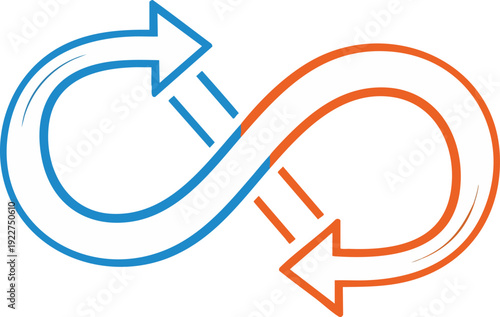 Red and blue arrows form an interlocking infinity symbol on a white background. This icon illustrates a continuous process, feedback loop, or cycle