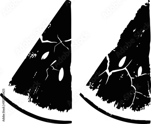 Black silhouette slices of watermelon with seeds, cracked texture, summer fruit illustration
