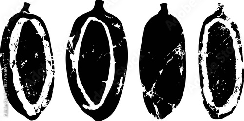 Stylized black and white cocoa pods silhouettes set with distressed texture and vintage grunge effect