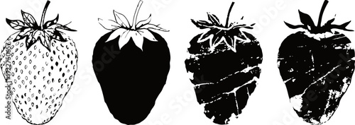 Illustration of four strawberries in different grunge and solid black styles, vintage fruit designs
