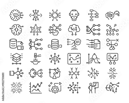 Artificial Intelligence Machine Learning Data Science Line Icons Collection Isolated on White