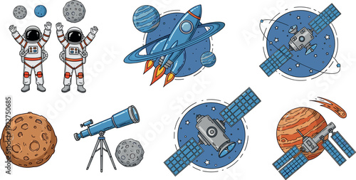 Space exploration illustration set featuring astronauts, rocket ship, planets, satellites and telescope, colorful cosmic science icons for education, astronomy and futuristic technology isolated on 