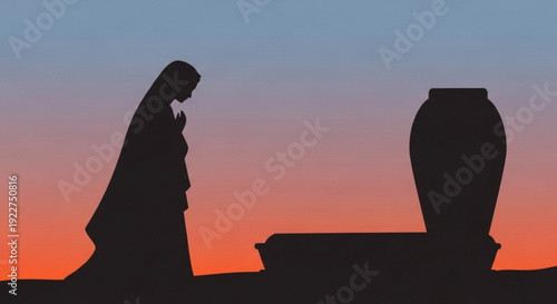 Silhouette of woman in prayer beside ancient stone pillars at sunset serene landscape with gradient sky