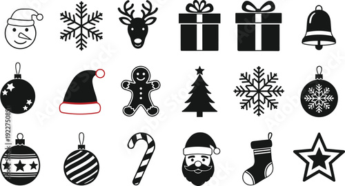 WebChristmas icon set with Santa Claus, reindeer, snowflakes, gingerbread man, Christmas tree, bells, gifts, and ornaments for holiday winter seasonal design.