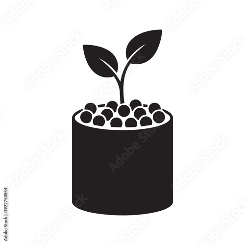 Potted Seedling with Fertilizer Pellets Silhouette Vector - Agricultural Nutrition and Plant Growth Graphic