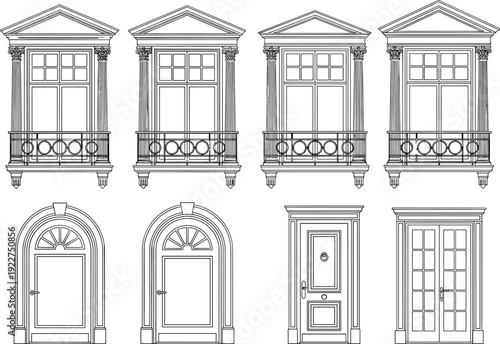 WebClassic architectural windows and doors set, vintage facade elements with balcony columns, arched doorway line art vector illustration collection