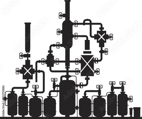 Industrial refinery plant with pipes, valves and storage tanks silhouette isolated on white background, oil and gas processing industry illustration