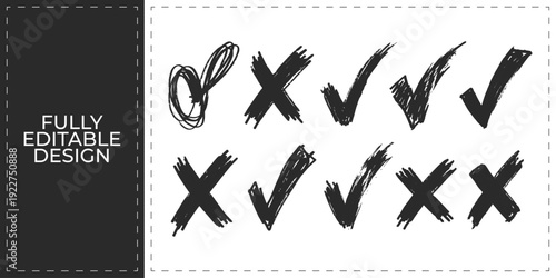 Hand Drawn Check and Cross Mark Doodle Vector Set