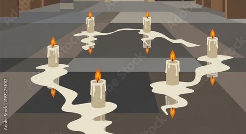Melting candles on a checkered floor create a warm ambiance in a dimly lit room with brown walls and a peaceful atmosphere