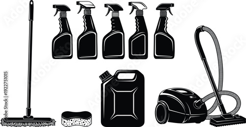 WebCleaning equipment and supplies set, spray bottles mop vacuum cleaner sponge and detergent container silhouette vector illustration collection