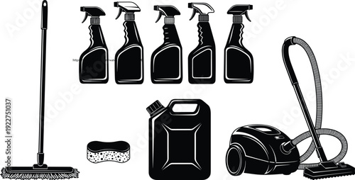 WebCleaning equipment set with vacuum cleaner, mop, spray bottles, sponge, and detergent container for professional janitorial service and household chores.