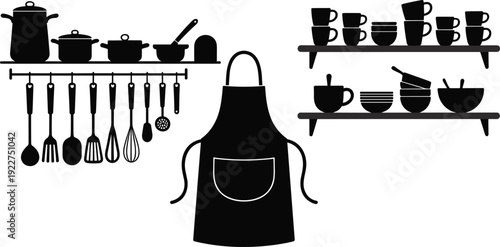 Kitchen utensils and cookware silhouette set with apron, pots, cups and shelves isolated on white background, cooking and home kitchen concept illustration