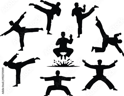 Martial arts silhouette collection featuring karate and kung fu fighters performing kicks and stances isolated on white background, combat sport and self defense concept