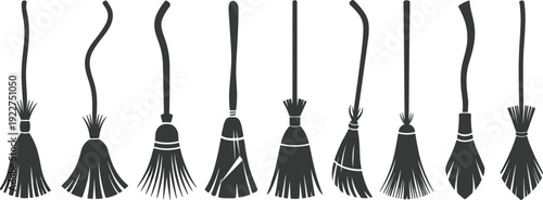 Traditional Broom Silhouette Set, Household Cleaning Brush Collection Vector Illustration for Housekeeping, Sanitation and Domestic Tools Design