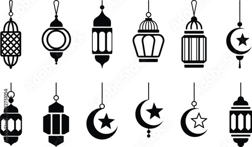 WebSet of traditional Arabic lanterns and crescent moon silhouettes, ornamental hanging fanoos lamps for Ramadan Kareem, Eid Mubarak, Islamic decorative.