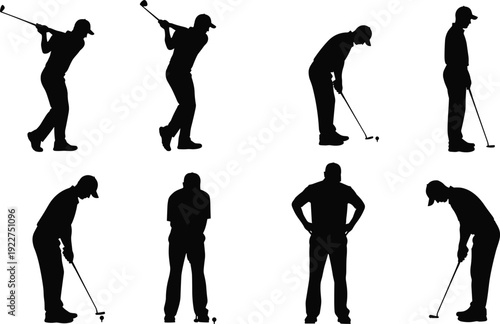 WebCollection of black golf player silhouettes featuring male golfers in various poses including swinging putting standing and aiming, vector, isolated.