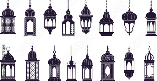 WebSet of traditional Arabic lanterns silhouettes, ornamental hanging fanoos lamps for Ramadan Kareem, Eid Mubarak, Islamic festival decorative vector elements.