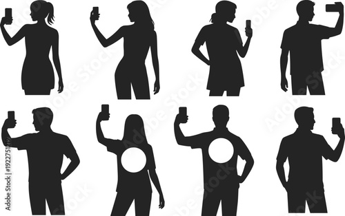 People taking selfie with smartphone silhouette collection isolated on white background, social media lifestyle and mobile photography concept illustration set