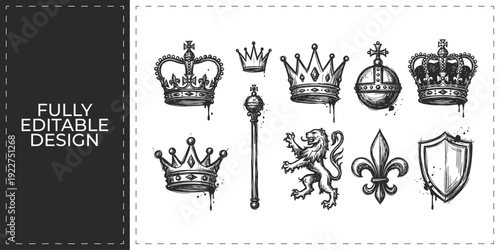 Hand Drawn Crown and Royal Symbol Doodle Vector Set