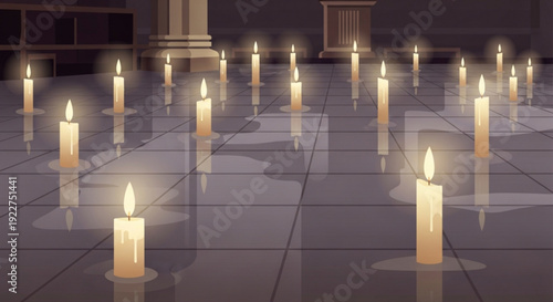 Multiple lit candles on shiny floor with reflections in dark room with columns