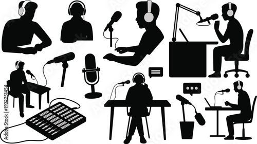 Podcast studio and radio broadcasting silhouettes with microphones, headphones, sound mixer and hosts recording audio interview, isolated on white background media production illustration