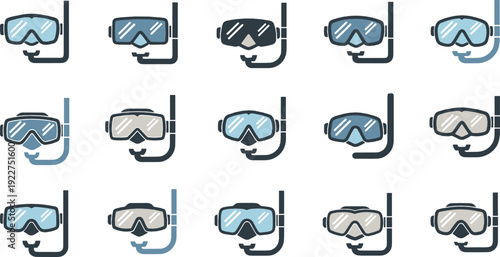 Snorkeling mask icon set flat vector collection of diving goggles with snorkel equipment isolated on light background