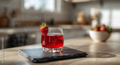 Strawberry garnish, red juice, rocks glass on slate board, kitchen counter..