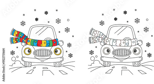 Cute winter car coloring page for kids. Cartoon vehicle wearing a colorful scarf in snow. Color and black outline template for children's activity book.