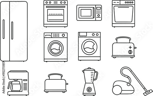 Home Appliances Outline Icon Set, Household Kitchen And Cleaning Equipment Line Vector Collection, Refrigerator, Washing Machine, Oven, Vacuum, Blender Illustration