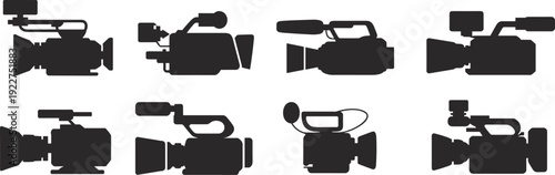 Professional video camera silhouette collection isolated on white background, broadcast television and filmmaking equipment icon set for media production design