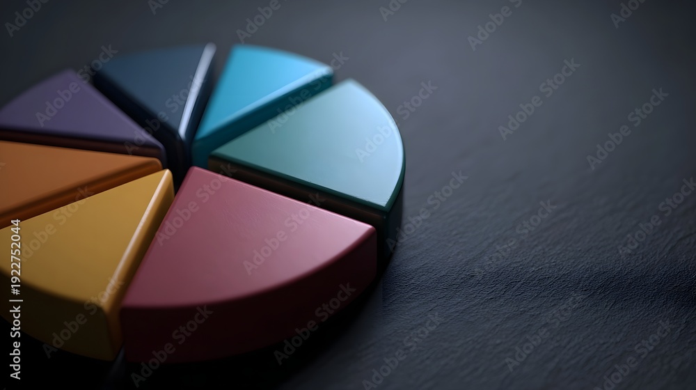 Fototapeta premium A colorful 3D pie chart with seven distinct slices on a dark textured surface under moody lighting